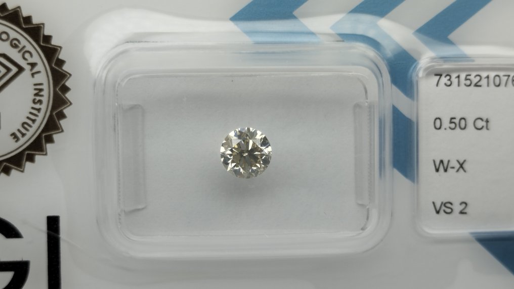 没有保留价 - 1 pcs 钻石 (天然色彩的) - 0.50 ct - 圆形 - VS2 轻微内含二级 - 国际宝石研究院(IGI) - W X #1.0