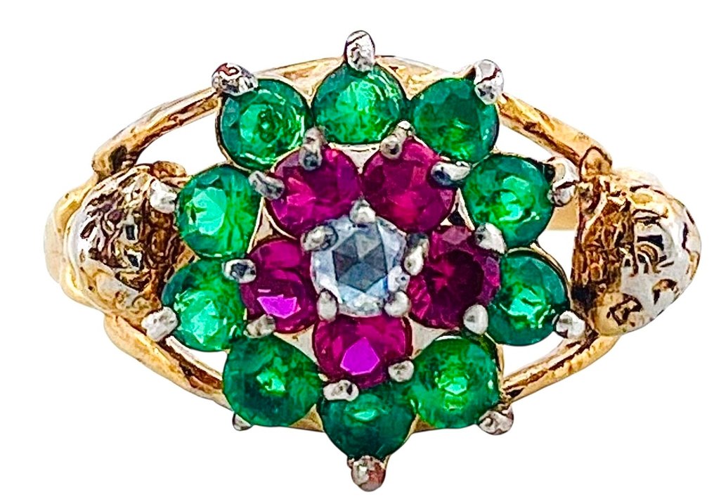 χωρίς τιμή ασφαλείας - Δαχτυλίδι - 9 kt. Κίτρινο χρυσό, Ασημί Σμαράγδι - Ρουμπίνι #1.0