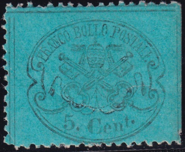 Αρχαία ιταλικά κράτη - Παπικό κράτος 1868 - III^ Em. 5 c. ουρανί Sass 25c Bdf κεντραρισμένο f.ED Ex Συλλογή Imperato Spl #1.0