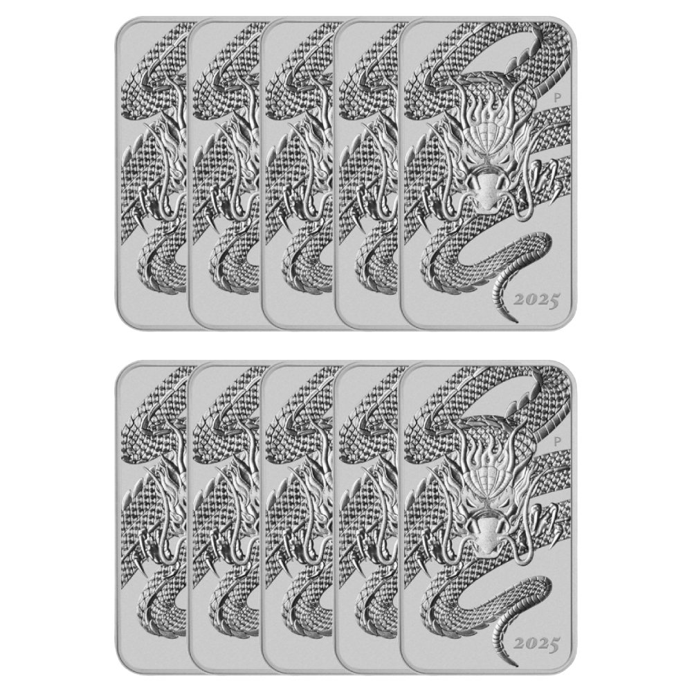 澳大利亞. 1 Dollar 10 x 2025 1 oz $1 AUD Australia 9999 Fine Silver Rectangle Dragon Coin-Bar BU #1.0