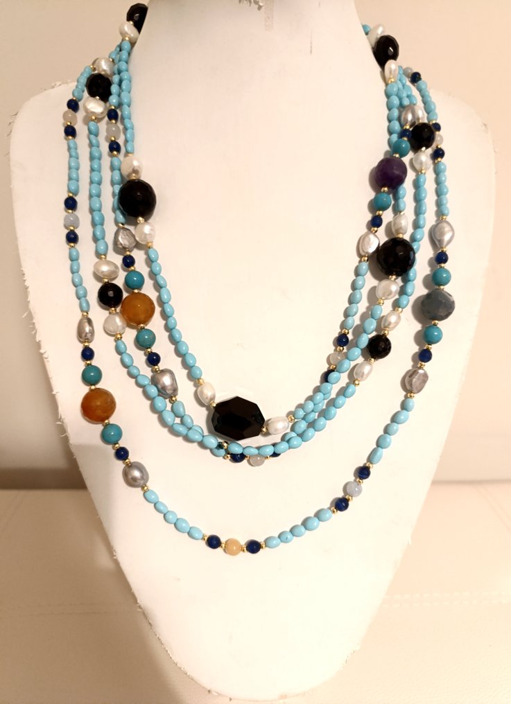 Jade - Hopea, Lapislazzuli, helmi, turkoosi, onyksi ja jade. - Kaulakoru #1.0