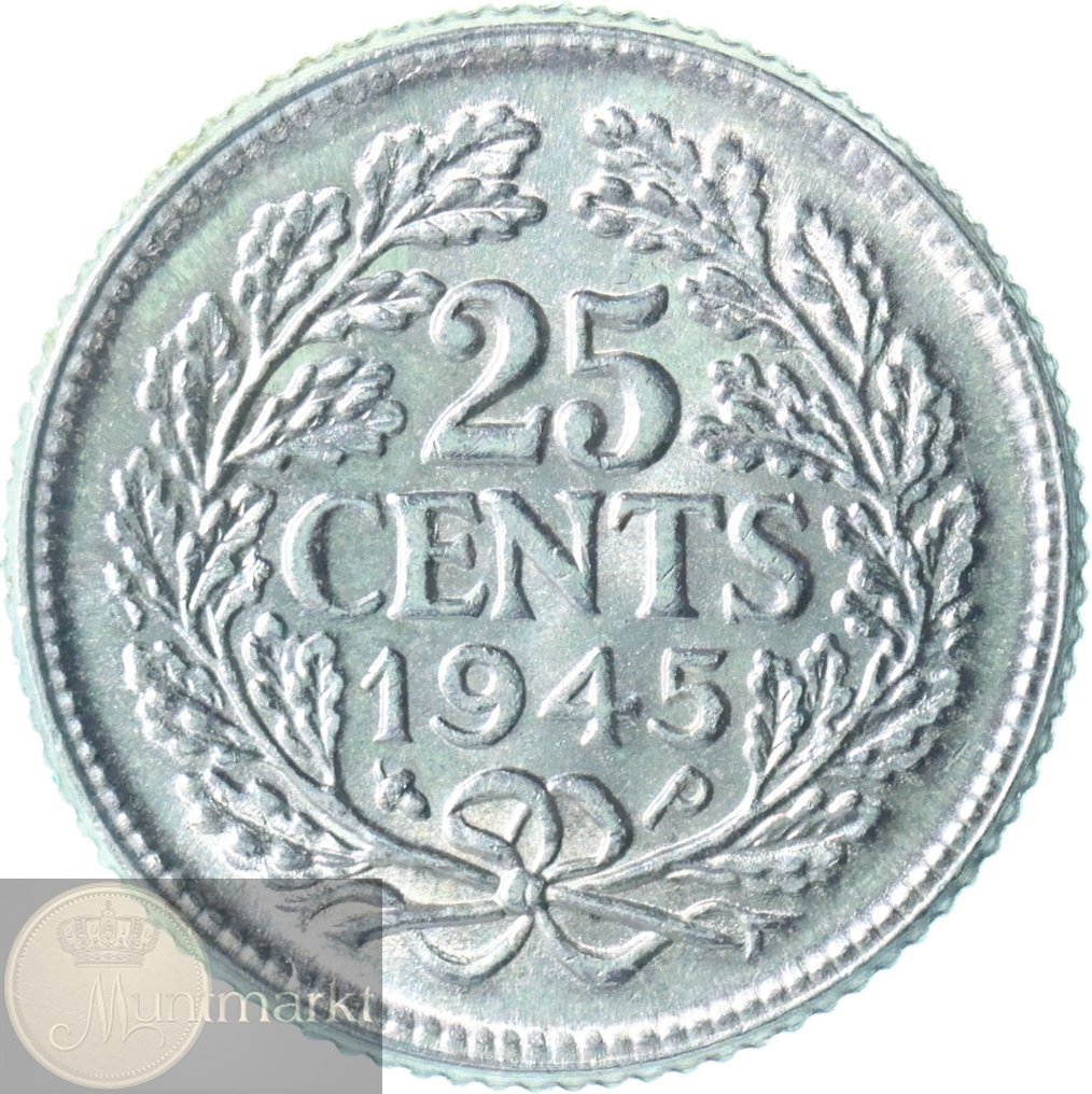 Nederland. Wilhelmina. 25 Cents 1945 Eikel Philadelphia ZELDZAAM #1.0