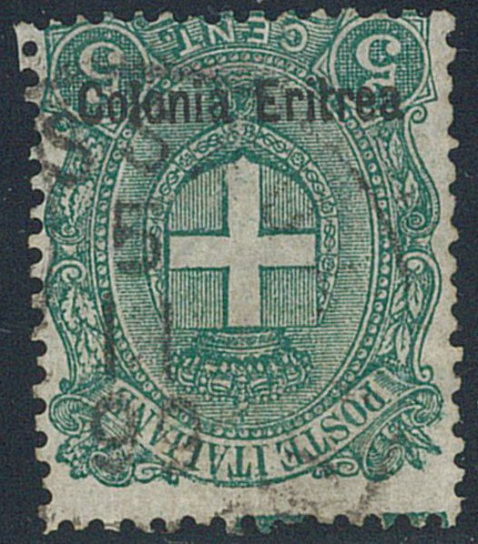 Włoska Erytrea  - Stemma, 5 c. zielony nr 14b, z odwróconą nakładką. Certyfikat R. Diena w pełnym zakresie. #1.0