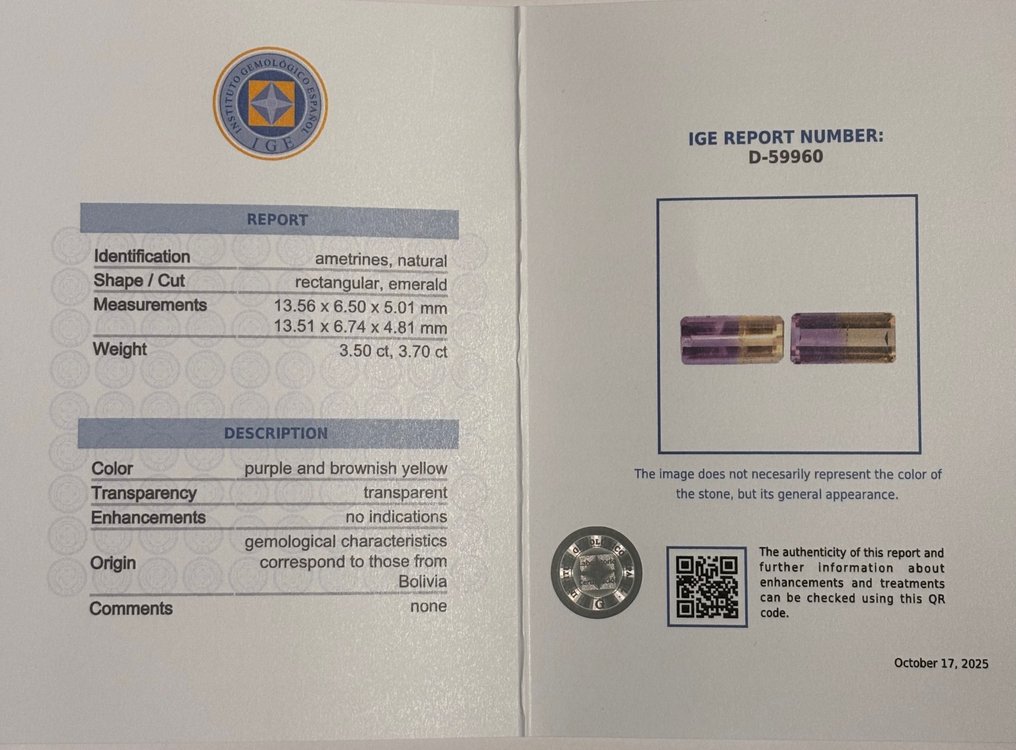 2 pcs  紫色, 黄色 紫黄晶  - 7.20 ct - 西班牙宝石学院（IGE） #2.1