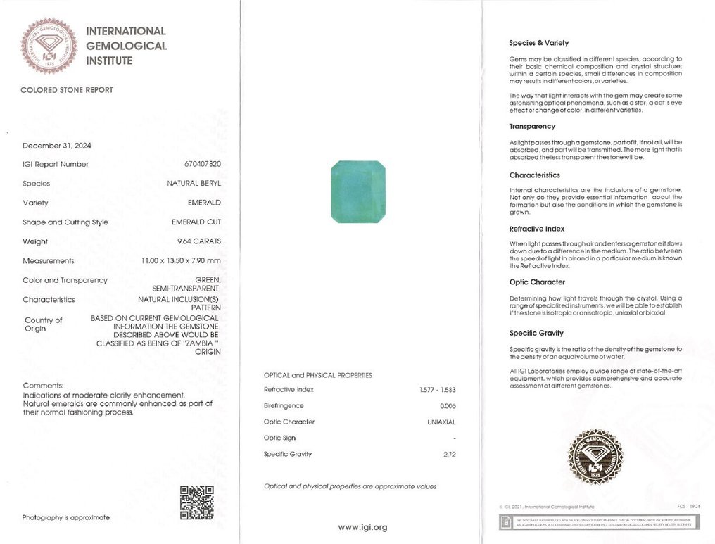 Nincs minimálár Zöld Smaragd - 9.64 ct - Nemzetközi Gemmológiai Intézet (IGI) - Zambia #4.3