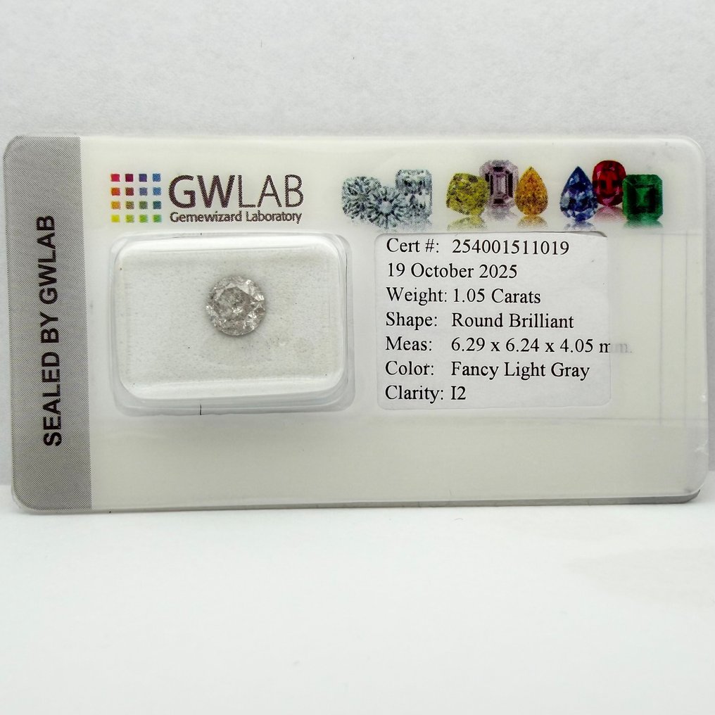Utan reservationspris - 1 pcs Diamant  (Naturligt färgad)  - 1.05 ct - Rund - Fancy light Grå Grå - I2 - Gemewizard Gemological Laboratory (GWLab) #4.3