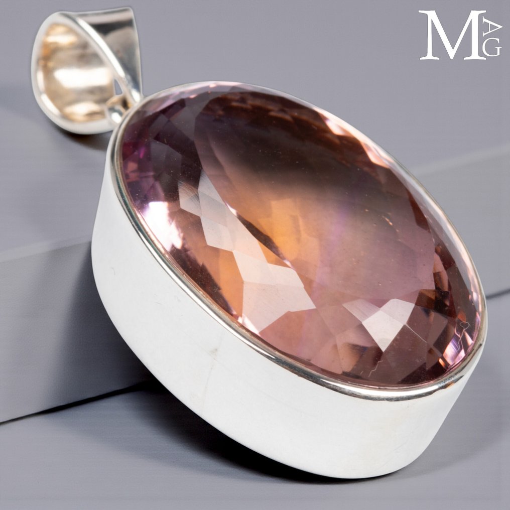 Sterling Silver Pendant with Faceted Oval Ametrine Gemstone - Height: 45 mm - Width: 23 mm- 23 g #4.3