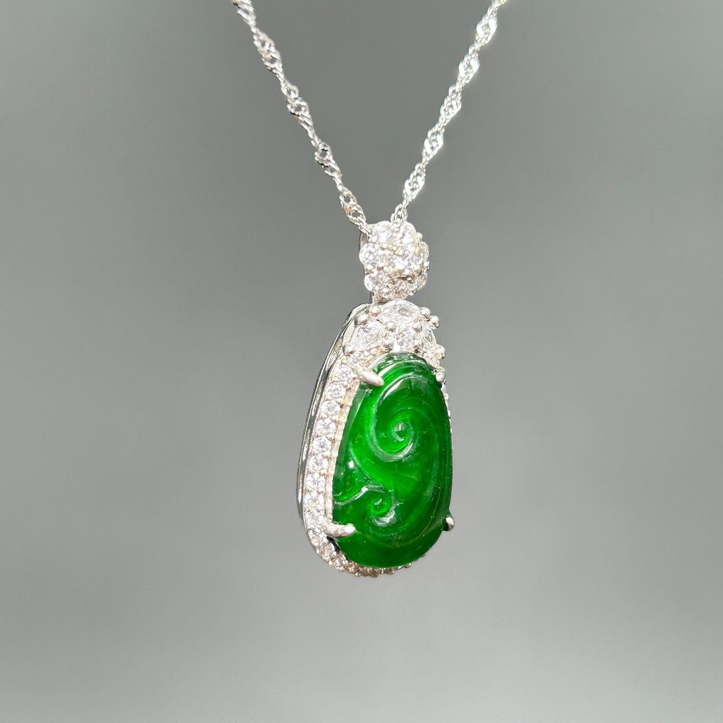 翡翠（A-翡翠） & S925 银 如意吊坠与项链 - 高度: 28 mm - 宽度: 13 mm- 3.83 g #4.3