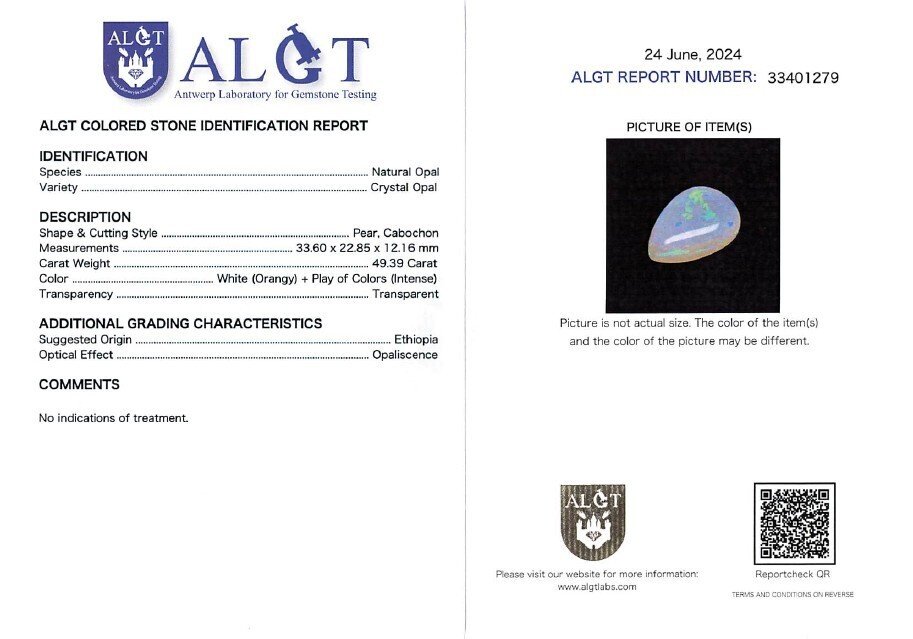 沒有保留價 蛋白石  - 49.39 ct - Antwerp Laboratory for Gemstone Testing (ALGT) - 变色效果 #4.3