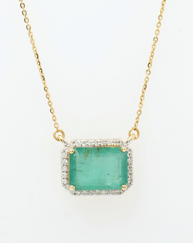 Kaulakoru - 14 kt. Keltakulta - 1.13ct. tw. Smaragdi - Timantti - Kivikoristeinen riipuskaulakoru #1.0