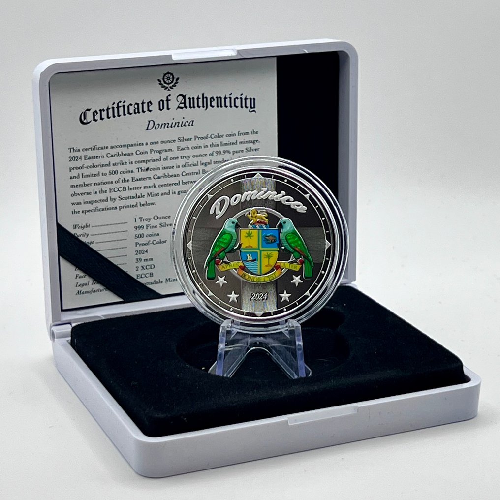 Kelet-karibi államok (Brit Tengerentúli Területek). 2 Dollars 2024 – Dominica – Coat of Arms – 1 oz Silver .999 – Proof – Colorized – Limited Edition #1.0