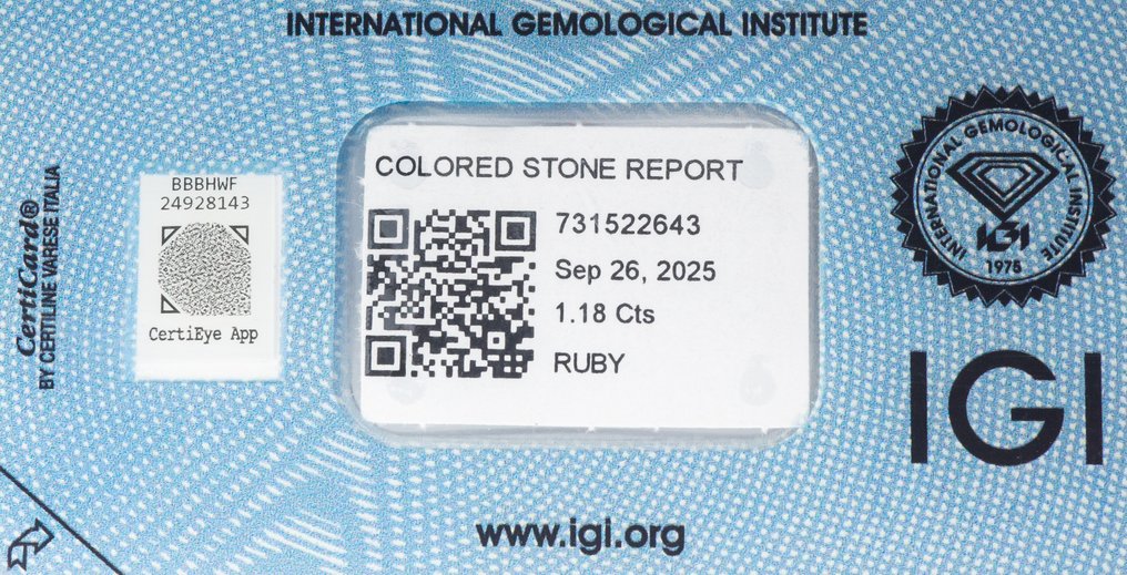 χωρίς τιμή ασφαλείας Ρουμπίνι  - 1.18 ct - International Gemological Institute (IGI) - Βαθύ μωβ-κόκκινο #4.3