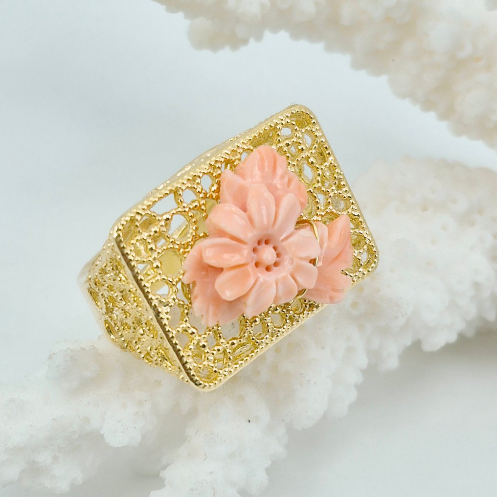 Koral - Sølv, Forgyldt - Ring - Corallo Rosa skæring #1.0