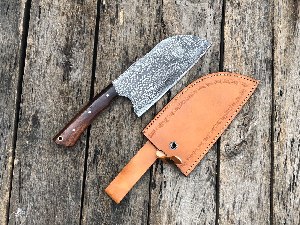 Coltello da cucina - Acciaio forgiato a più strati, coltello da chef, oggetto da collezione, fodero in pelle - Nord America - T7 #2.1