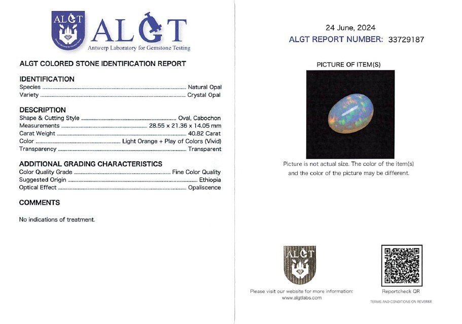 No reserve price Opal - 40.82 ct - Antwerp Laboratory for Gemstone Testing (ALGT) - Orange 'Play of Colors' #4.3