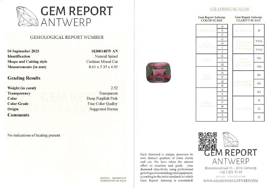 Zonder minimumprijs Spinel - 2.52 ct - Gem Report Antwerp (GRA) - Deep Purplish Pink #4.3