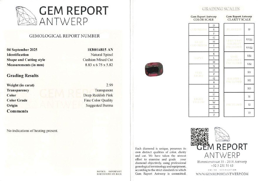 χωρίς τιμή ασφαλείας Σπινέλιος - 2.99 ct - Gem Report Antwerp (GRA) - Βαθύ κόκκινο-ροζ #4.3