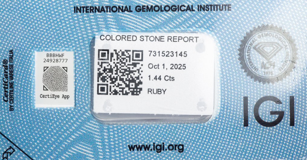 No reserve price Ruby  - 1.44 ct - International Gemological Institute (IGI) - Deep Purplish Red #4.3