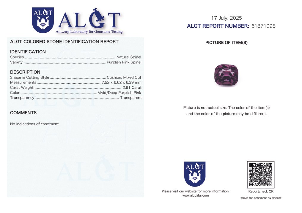 χωρίς τιμή ασφαλείας Σπινέλιος  - 2.91 ct - Antwerp Laboratory for Gemstone Testing (ALGT) - Ζωντανό/Βαθύ Μωβ-ροζ #4.3