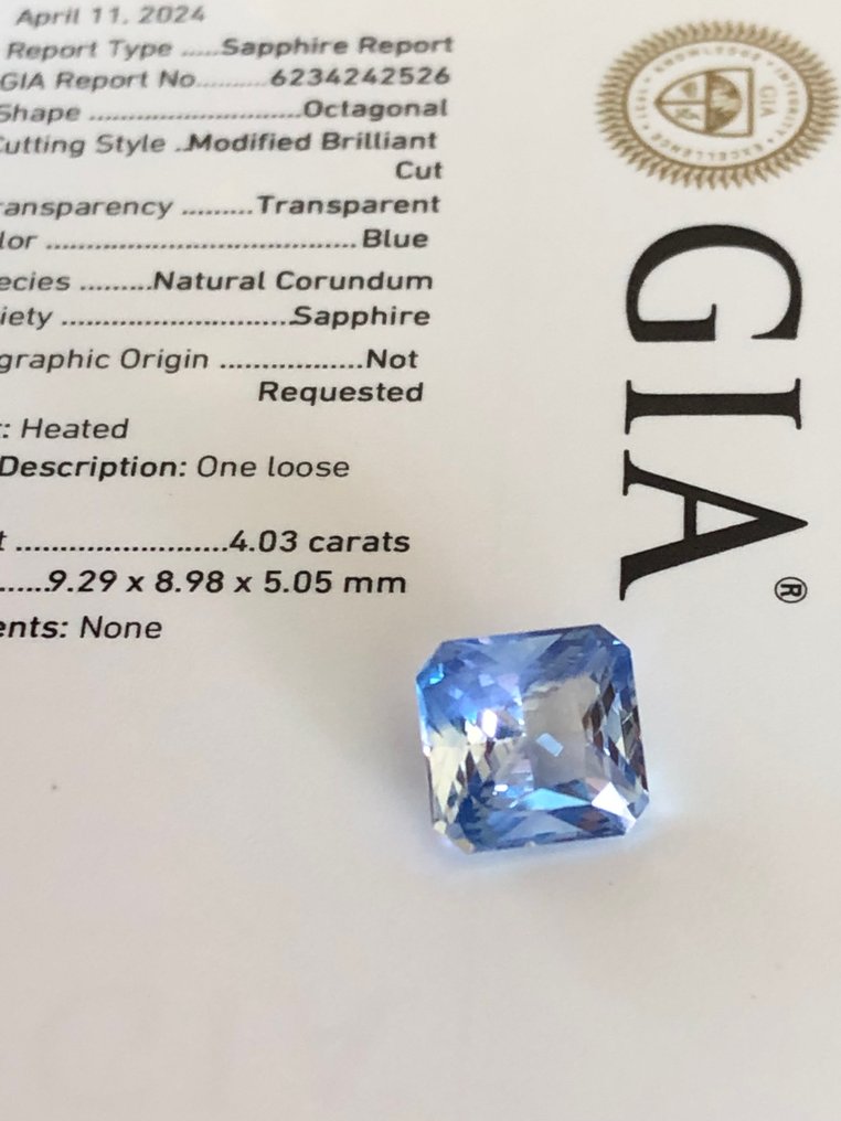 1 pcs  蓝色 蓝宝石  - 4.03 ct - 美国宝石研究院（GIA） #3.2