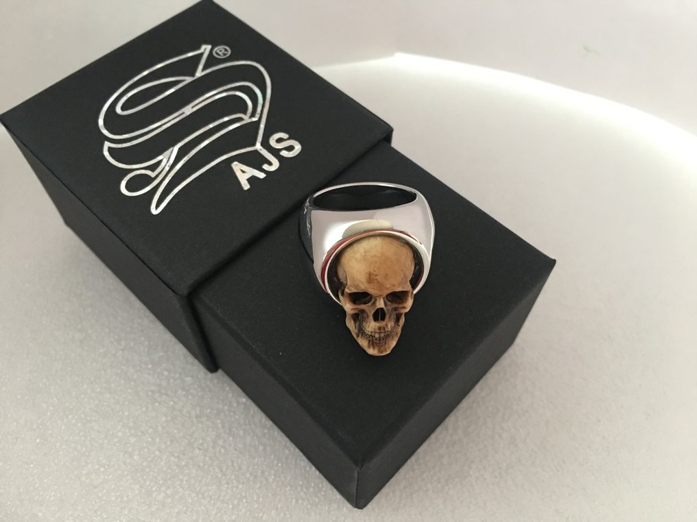 AJS - 独一无二的手工制作，大约31克 - 共济会骷髅与骨头会所纪念符戒指，钢制，银色 - 戒指 #2.1