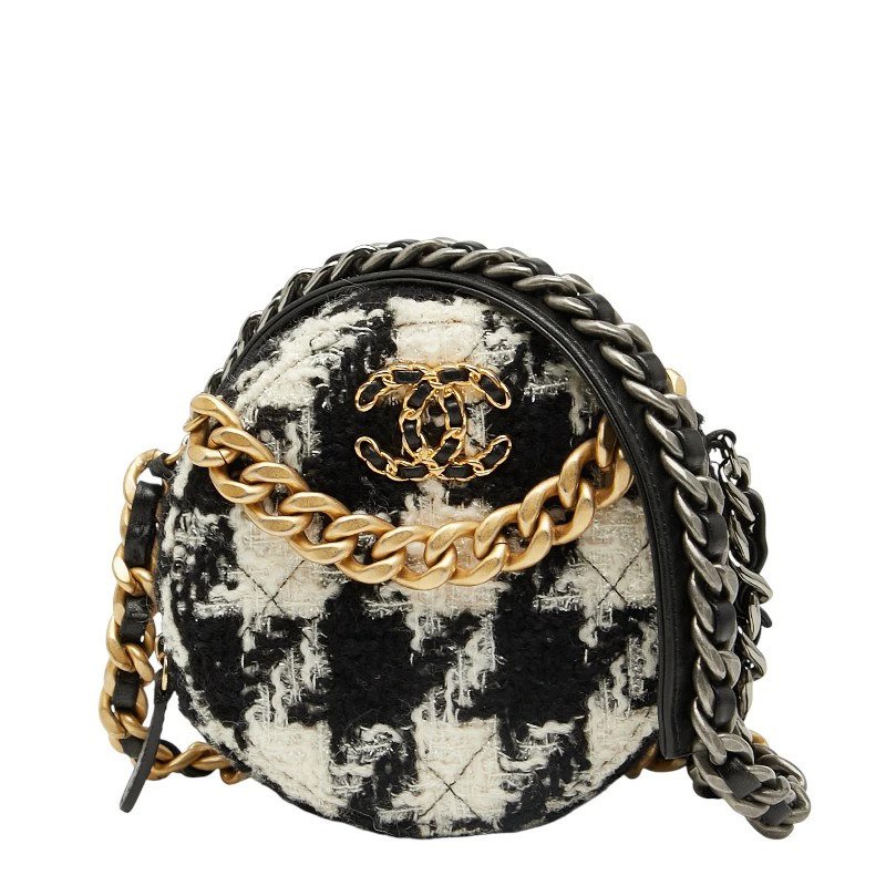 Chanel - Coco Mark Round Chain Shoulder Bag in Black and White Tweed with Gold & Ruthenium Hardware - 挂肩式皮包 #1.0