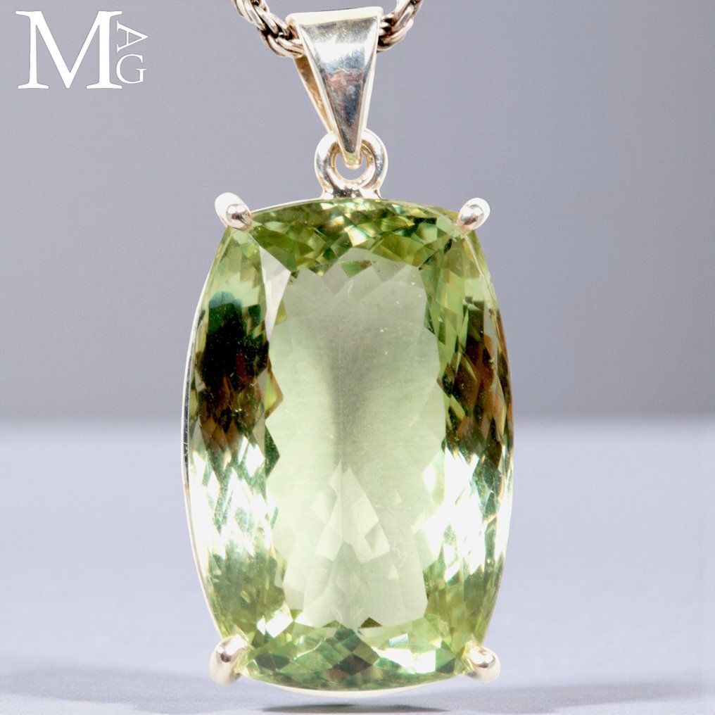 Sterling Silver Pendant with Green Quartz Prasiolite Gemstone - Height: 40 mm - Width: 19.5 mm- 15 g #1.0
