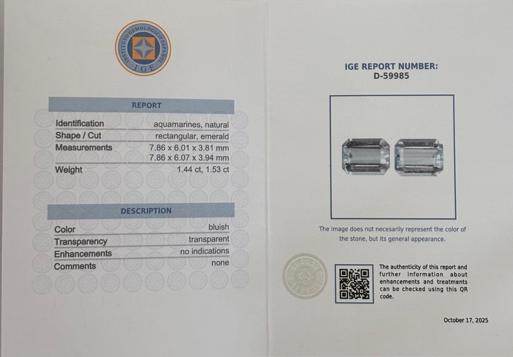 2 pcs  蓝色 海蓝宝石  - 2.97 ct - 西班牙宝石学院（IGE） #2.1