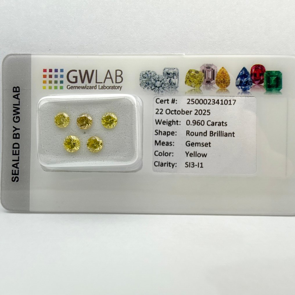 χωρίς τιμή ασφαλείας - 5 pcs Διαμάντι  (Επεξεργασμένου χρώματος)  - 0.96 ct - Στρογγυλό Κίτρινο - SI3, I1 - Gemewizard Gemological Laboratory (GWLab) #4.3