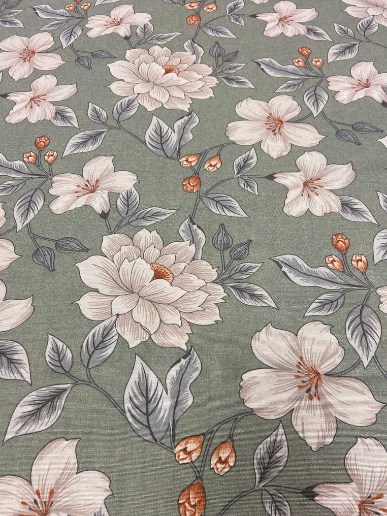 Elegant and delicate fabric with a green background and white flowers in double height. - Upholstery fabric - 300 cm - 280 cm #2.1