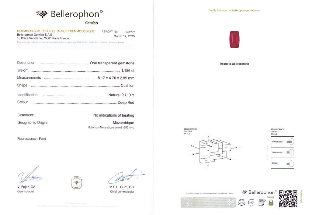 No reserve price Ruby - 1.18 ct - Bellerophon Gemlab - Deep Red #4.3