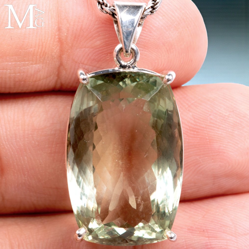 Sterling Silver Pendant with Green Quartz Prasiolite Gemstone - Height: 40 mm - Width: 19.5 mm- 15 g #1.0
