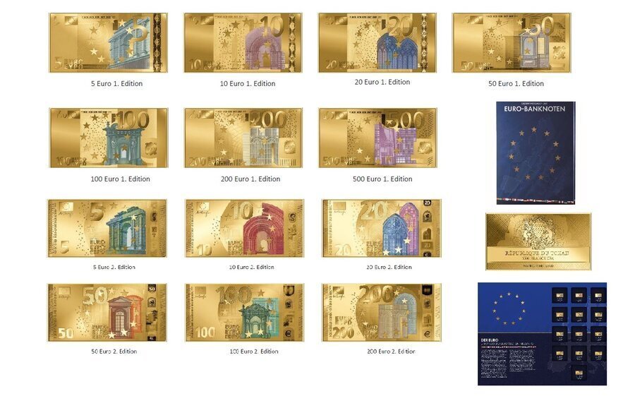 13 x 1/1000 Troy Ounce - Or .999 - Euro Banknotes ​​Coin Set 1 & 2 (w/ Display Case & COA) #1.0