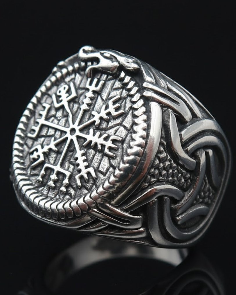 Chevalière Viking - Busolă Vegvisir & Dragon Jormungandr: Ghidare și Protecție Eternă - Inel #1.0
