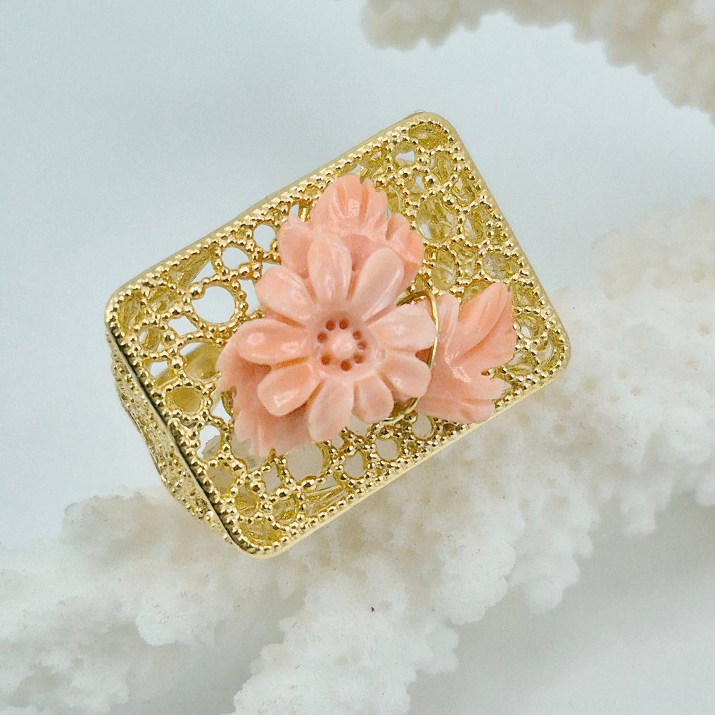 Koral - Sølv, Forgyldt - Ring - Corallo Rosa skæring #1.0