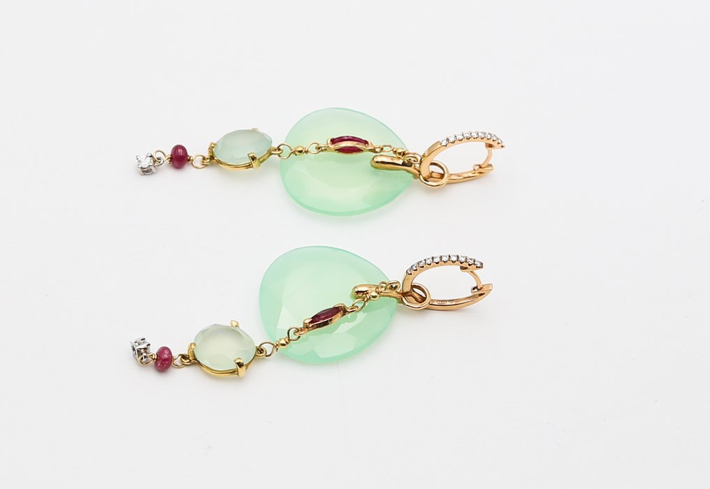 耳環 - 18 克拉 黃金, 玫瑰金 鉆石 (天然) - 紅寶石 #1.0