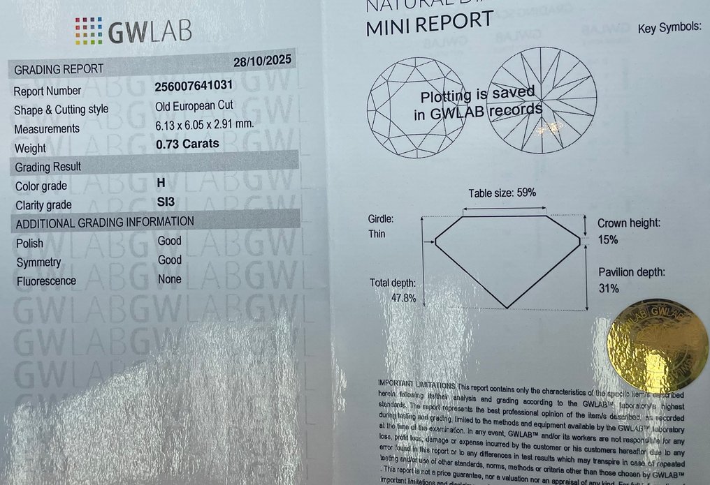 没有保留价 - 1 pcs 钻石  (天然)  - 0.73 ct - 圆形 - H - SI2 微内三含级 - Gemewizard宝石实验室（GWLab） #2.1
