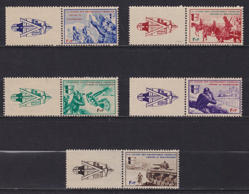 法國 1943 - LVF系列的块和TP，从第1号到第10号，均为全新**和全新*，并已签名。 #2.1