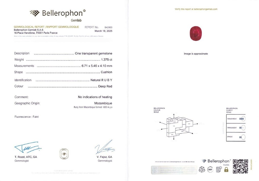 χωρίς τιμή ασφαλείας Ρουμπίνι - 1.37 ct - Bellerophon Gemlab - Deep Red #4.3