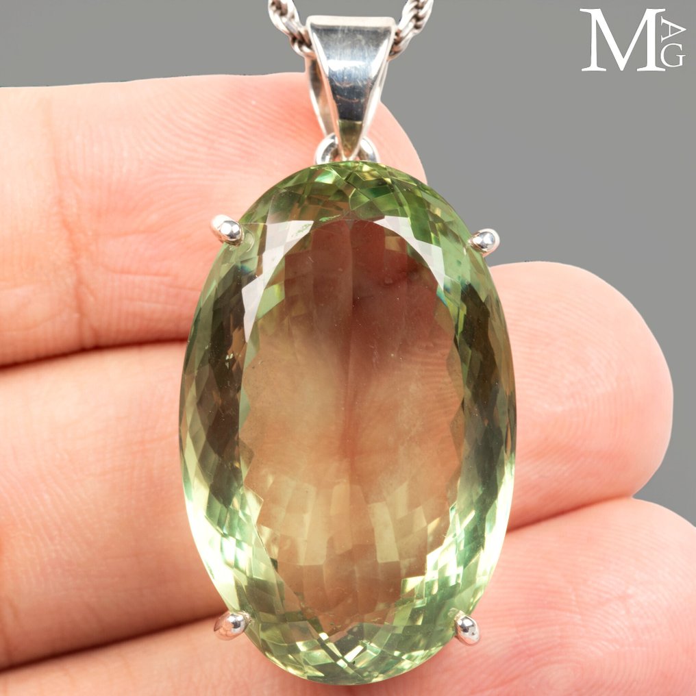 Sterling Silver Pendant with Green Quartz Prasiolite Gemstone - Altezza: 47 mm - Larghezza: 23 mm- 23 g #3.2