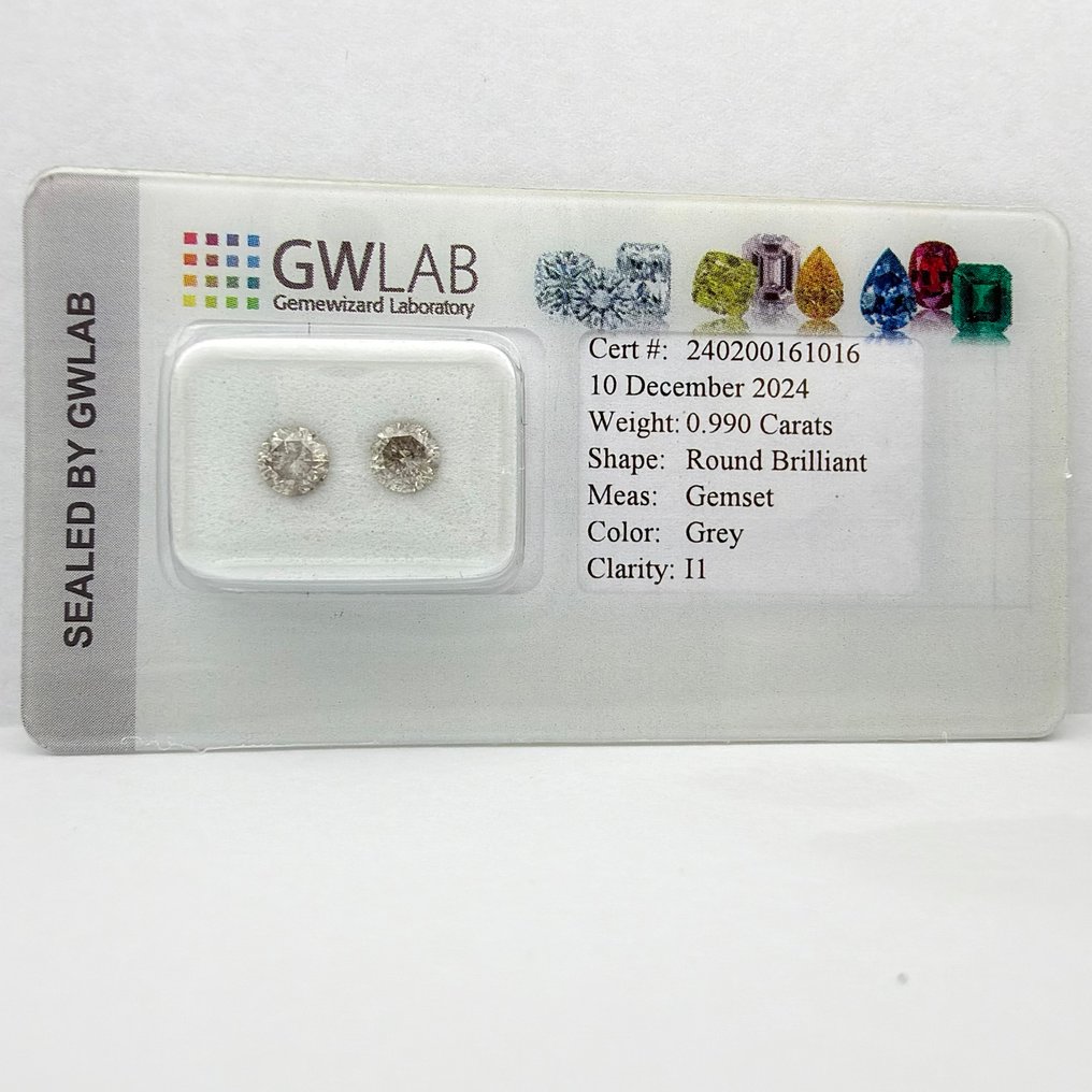 Zonder minimumprijs - 2 pcs Diamant (Natuurlijk gekleurd) - 0.99 ct - Rond Grijs - P1 - Gemewizard Gemological Laboratory (GWLab) #4.3