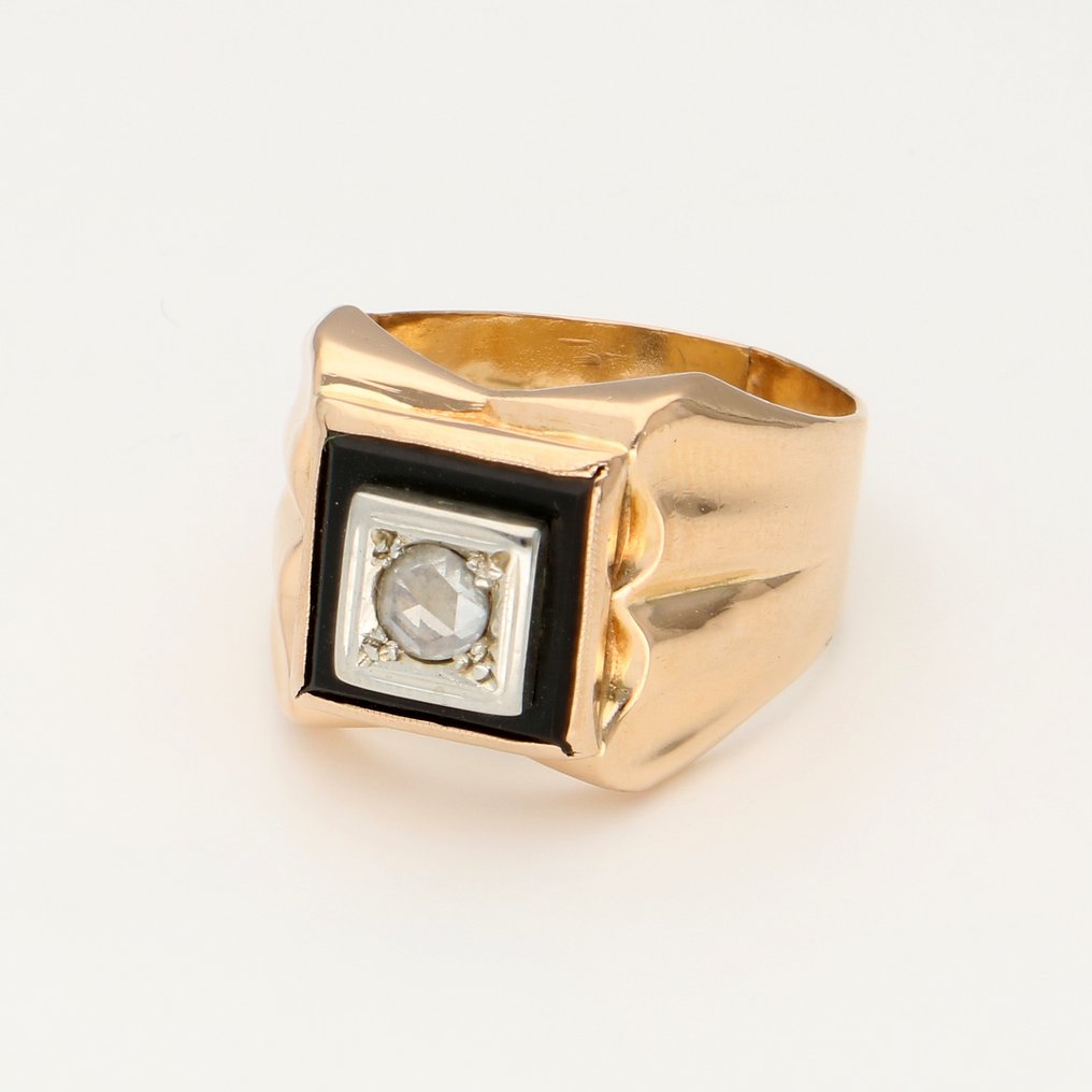 戒指 - 18K包金 黄金 钻石 (天然)  - 缟玛瑙 #1.0