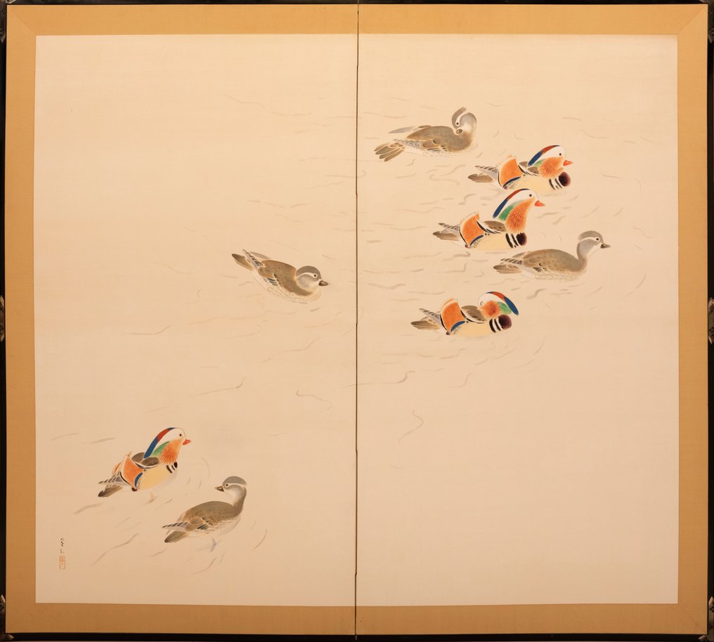 Paravento Byōbu - Carta, Legno, A two-panel Japanese screen depicting mandarin ducks (oshidori, 鴛鴦) on water - Giappone #1.0
