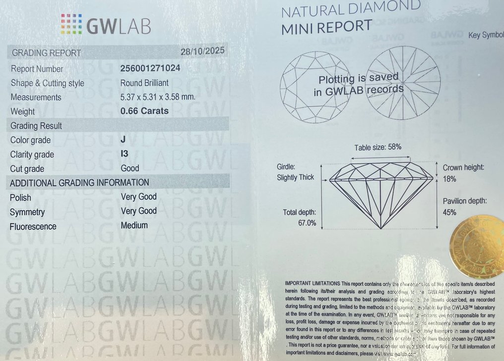 Ingen mindstepris - 1 pcs Diamant (Natur) - 0.66 ct - Rund - J - I3 - Gemewizard Gemological Laboratory (GWLab) #2.1
