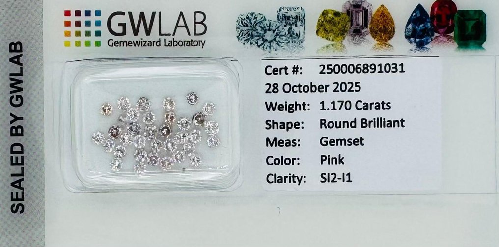 35 pcs 钻石 (天然色彩的) - 1.17 ct - 圆形 - Faint 粉红色 - SI2 微内含二级, I1 内含一级 - Gemewizard宝石实验室(GWLab) #1.0