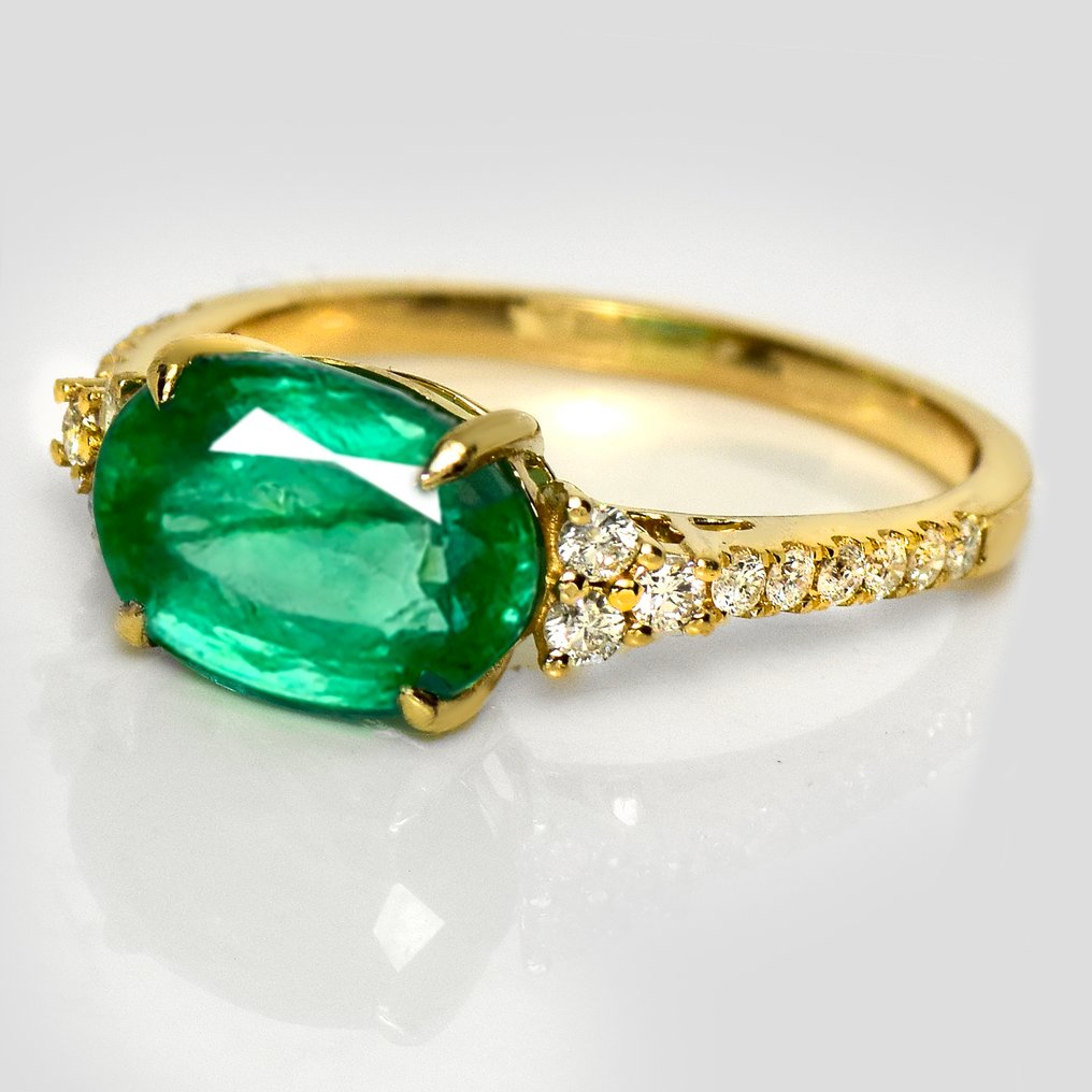 没有保留价 - 戒指 - 14K包金 黄金, IGI 2.92 克拉赞比亚浓郁绿色 -  3.22ct. tw. 祖母绿 - 钻石 #2.1