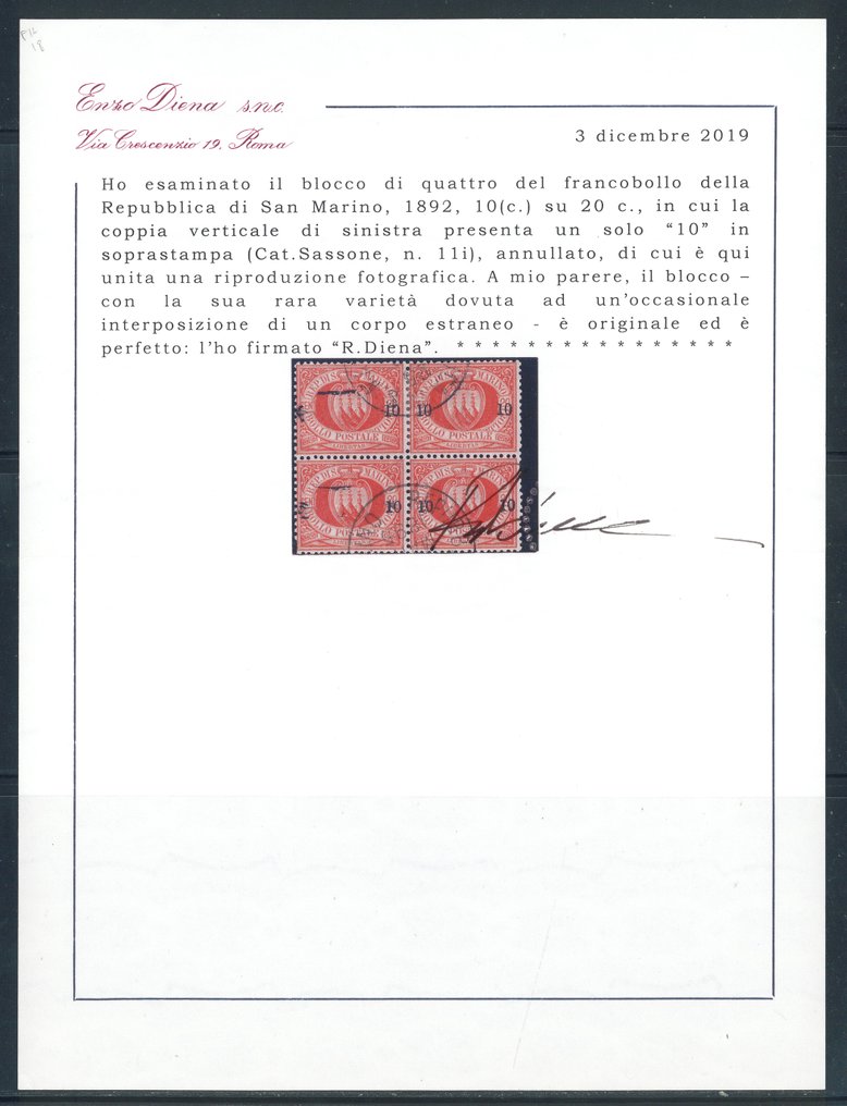 San Marino - 10 out of 20, red no. 11i: used quartina. (cert. R. Diena in full). #1.0