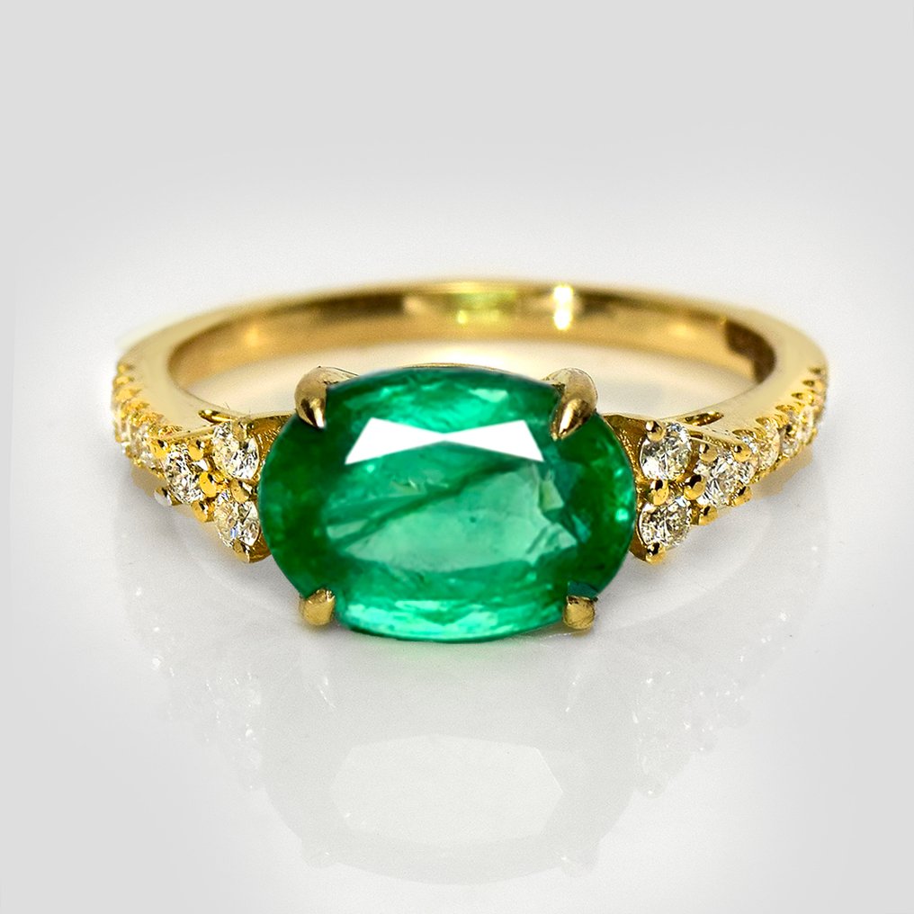 没有保留价 - 戒指 - 14K包金 黄金, IGI 2.92 克拉赞比亚浓郁绿色 -  3.22ct. tw. 祖母绿 - 钻石 #1.0