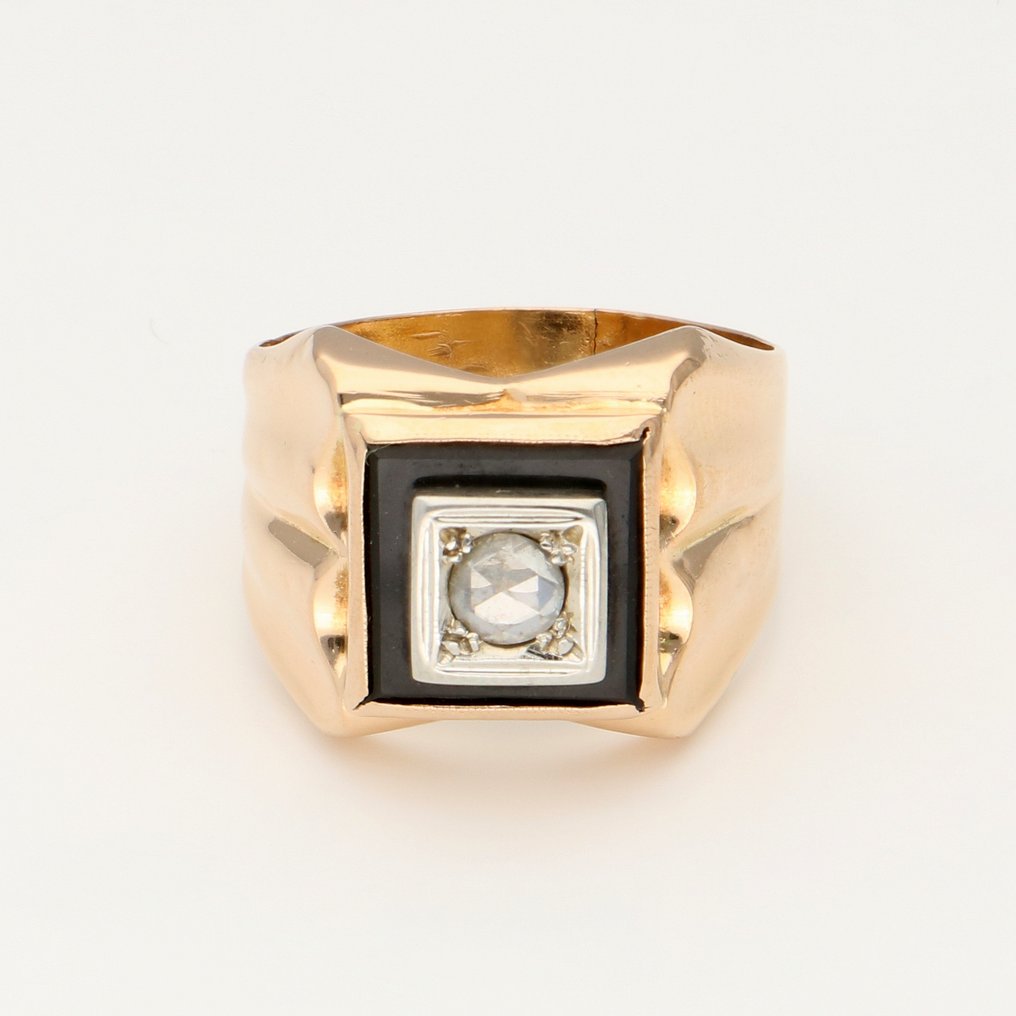 戒指 - 18K包金 黄金 钻石 (天然)  - 缟玛瑙 #1.0