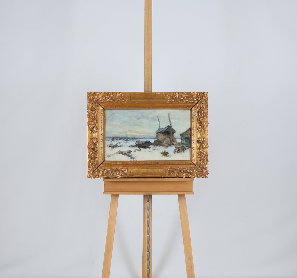 Willem Hendrik van der Nat (1864–1929) - Winters landschap met boot #1.0